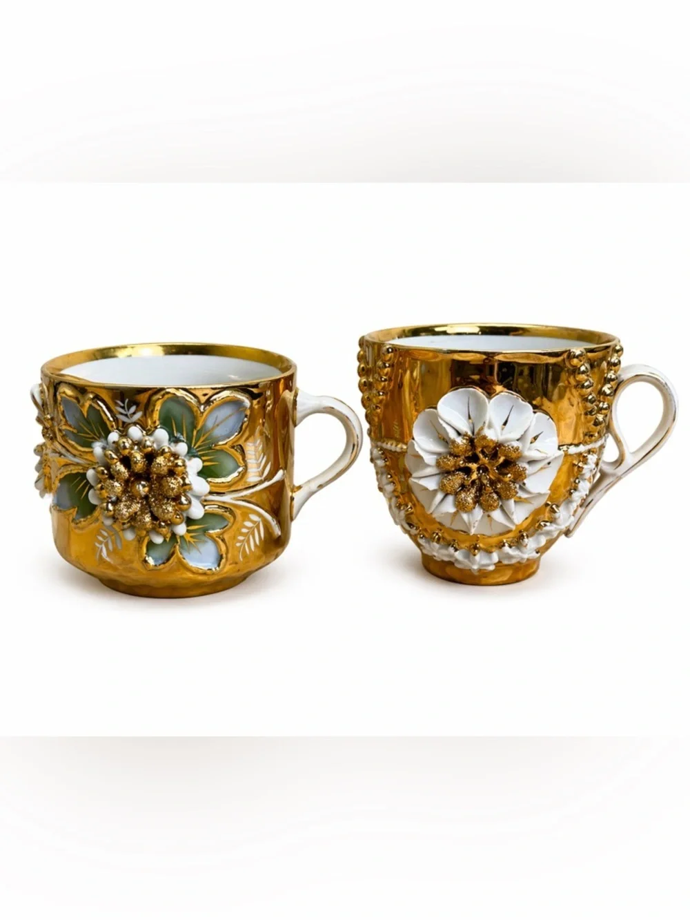 Antique German Gold Luster Mustache Cup & Tea Cup Set 3D Applied Flower 1890s